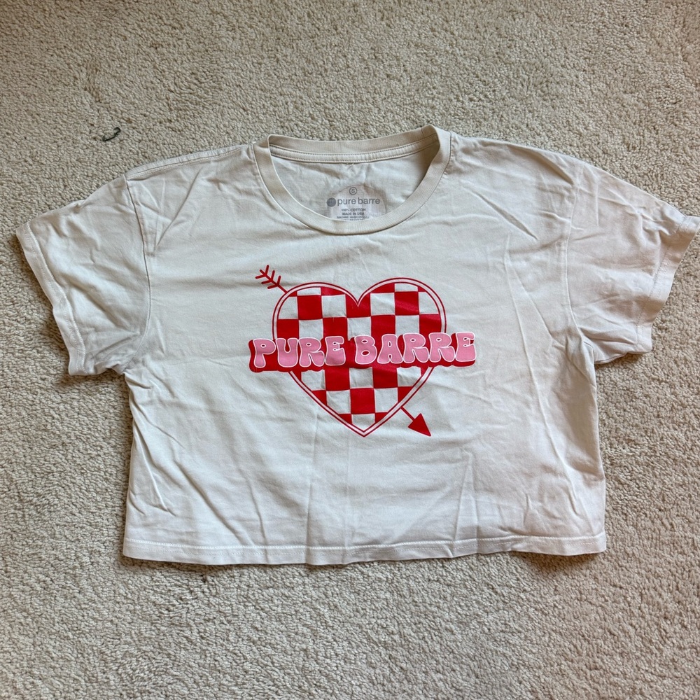 Pure Barre White Tee with Pink Checker Heart Graphic